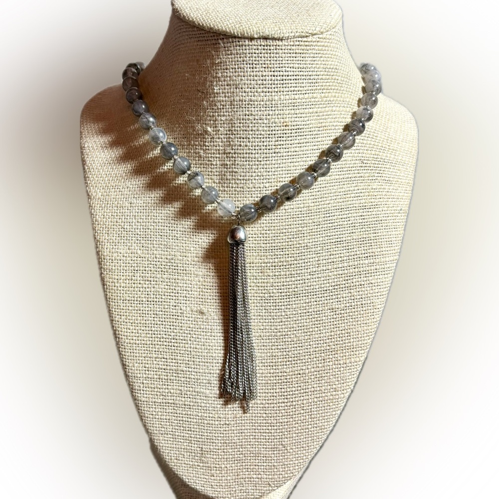 Smokey Translucent Gray Pearls with Silvertone Spacer Beads, Chain and 3” Tassel